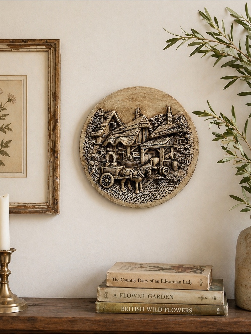 Vintage Chalkware Cottage Wall Plaque, English Countryside Horse Cart Relief 11”